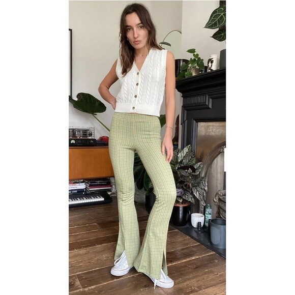 Urban Outfitters Size Small Green Plaid Flare Open Slit Leg Trousers NWOT - Picture 2 of 10
